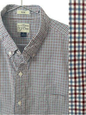 J Crew Men’s Plaid Slim Fit Button Down Shirt Cotton Large Blue Burgundy Casual